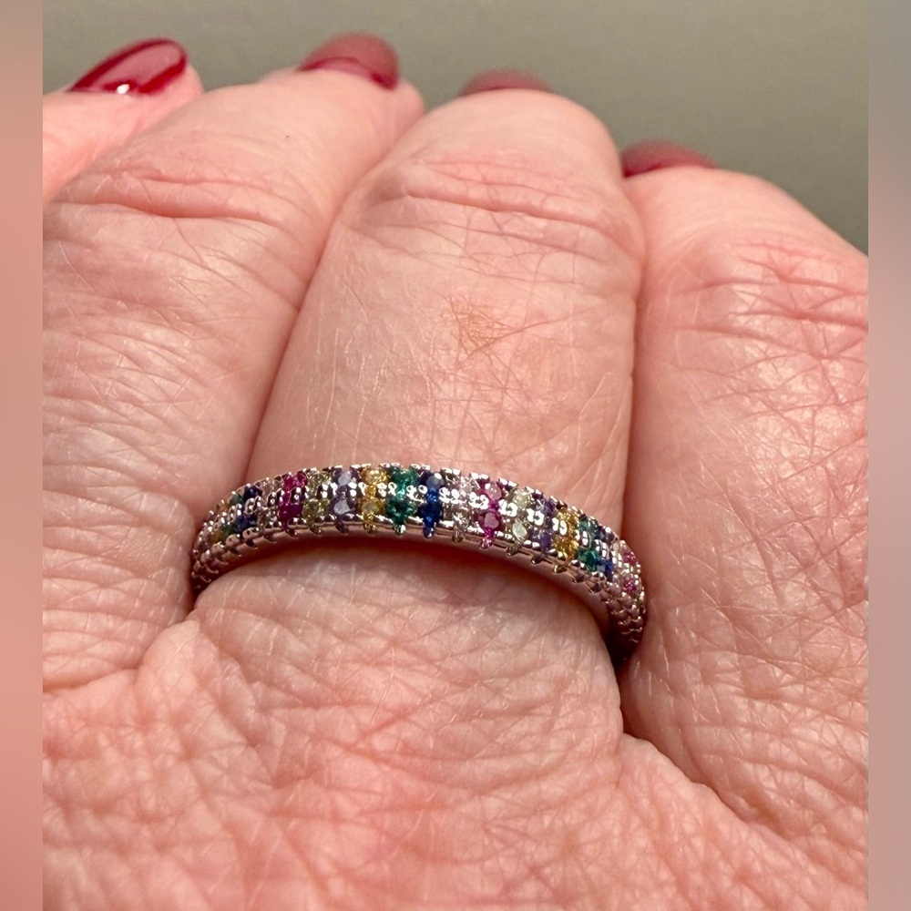 Ring - size 7.75 -New - dainty multi-color rhinestones silver tone band. - Picture 7 of 9